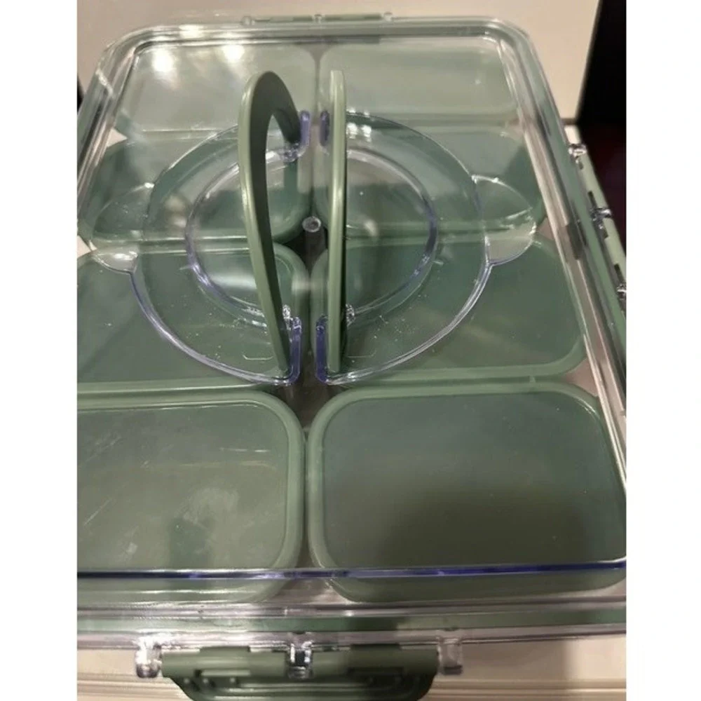 8 Compartment Snack Box Container with Handle Sage Green Portable Organizer